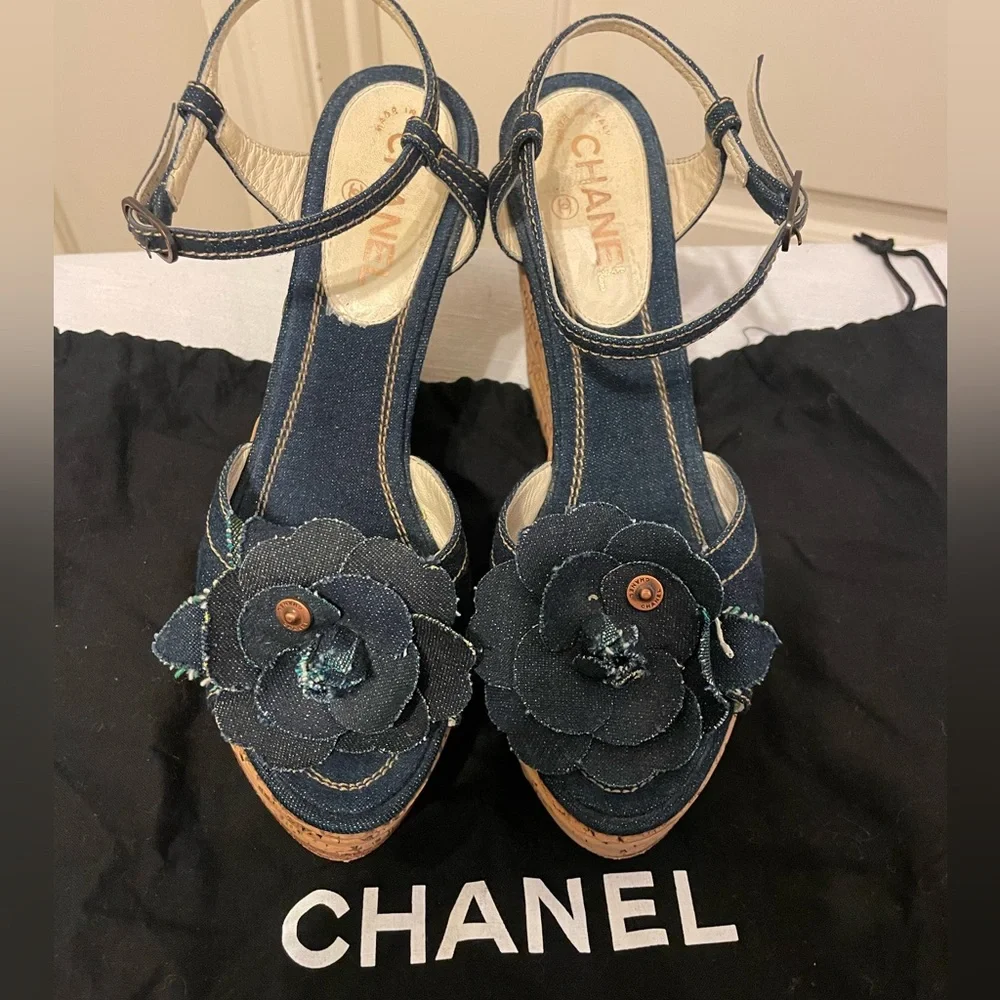 Authentic Chanel Wedge, Jean Material and Flower application, Size 9 1/2 - Picture 2 of 6